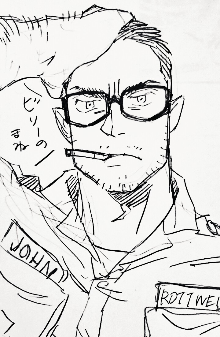 1boy bara bespectacled billy_russell_(dickfish) cigarette dickfish_(fishismdick) facial_hair frown glasses hand_in_own_hair john_rottweil_(dickfish) male_focus mature_male military military_uniform muscular muscular_male mustache original portrait scan short_hair sideburns sketch smoking solo stubble thick_eyebrows traditional_media translation_request uniform