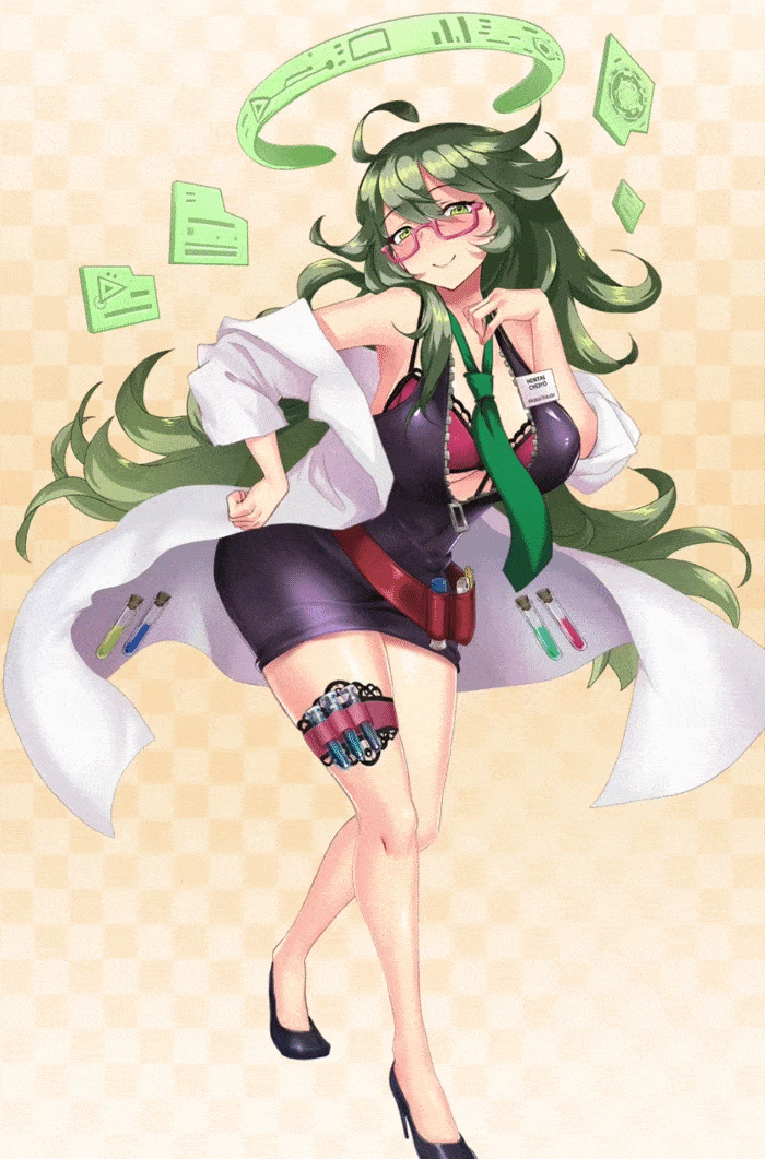 animated animated_gif artist_request bare_legs bare_shoulders beaker belt black_jacket bra clara_(project_qt) crossed_legs glasses green_eyes green_hair high_heels jacket labcoat naughty_face necktie project_qt red_bra third-party_source underwear unzipped