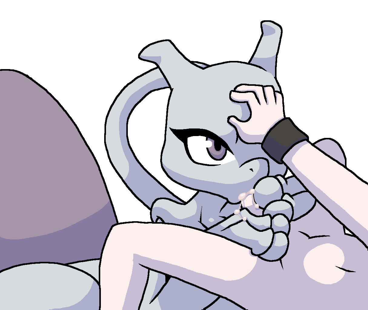 ambiguous_gender ambiguous_penetrated anthro armband bodily_fluids cum cum_in_mouth cum_inside cum_on_hand duo eyelashes fellatio generation_1_pokemon genital_fluids genitals grey_body hand_on_head hand_on_penis human human_on_anthro interspecies legendary_pokemon long_tail looking_at_another male male/ambiguous male_penetrating male_penetrating_ambiguous mammal mewtwo nintendo oral oral_penetration penetration penile penile_penetration penis pokemon pokemon_(species) pokephilia praiz purple_body purple_eyes sex simple_background tail white_background