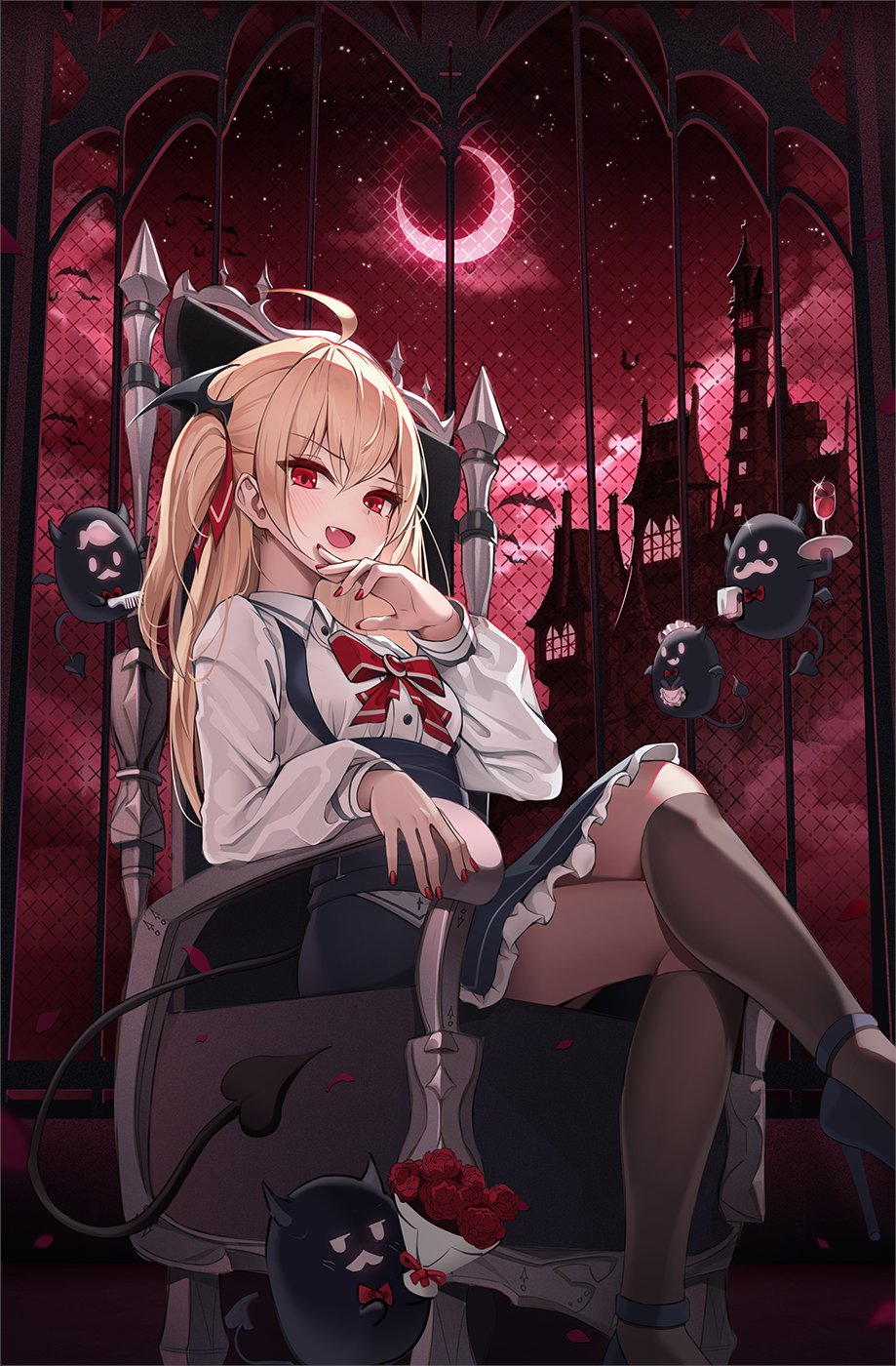 1girl bat_(animal) bat_wings blonde_hair bouquet bow bowtie breasts buttons cloud cloudy_sky commentary demon_girl demon_tail dress fang flower highres kira_(kira78718520) kneehighs looking_at_viewer moon night open_mouth original pinafore_dress red_eyes red_flower red_moon red_nails red_rose rose sitting sky small_breasts smug socks solo tail two_side_up wings