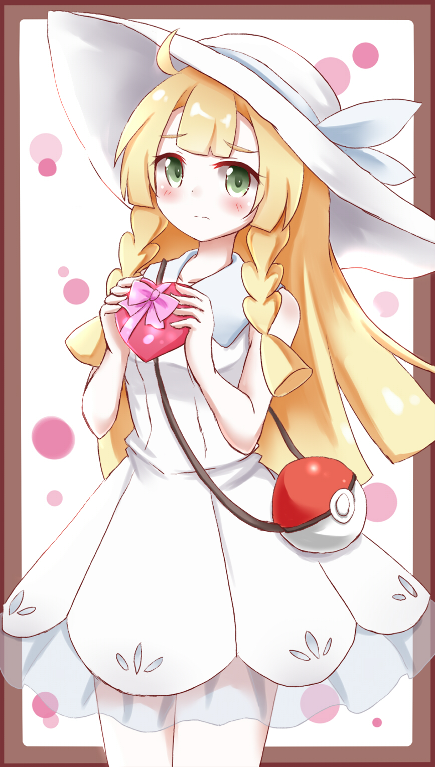1girl bag bangs blonde_hair blunt_bangs blush border braid closed_mouth collared_dress commentary_request dress gift green_eyes hachimi hands_up hat hat_ribbon highres holding holding_gift lillie_(pokemon) long_hair looking_at_viewer poke_ball_print pokemon pokemon_(game) pokemon_sm ribbon see-through shoulder_bag sleeveless sleeveless_dress solo sun_hat sundress twin_braids white_dress white_headwear