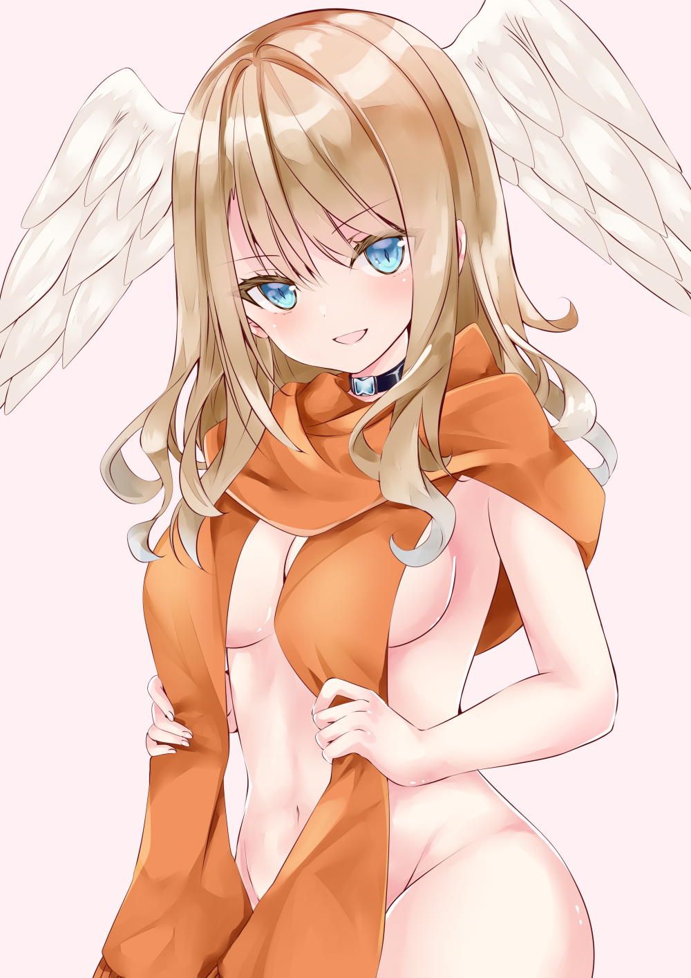 1girl :d bangs black_collar blue_eyes breasts brown_hair collar eunie_(xenoblade) feathered_wings groin hair_between_eyes head_wings highres long_hair looking_at_viewer medium_breasts naked_scarf nanase_nao navel orange_scarf pink_background scarf simple_background smile solo v-shaped_eyebrows white_wings wings xenoblade_chronicles_(series) xenoblade_chronicles_3