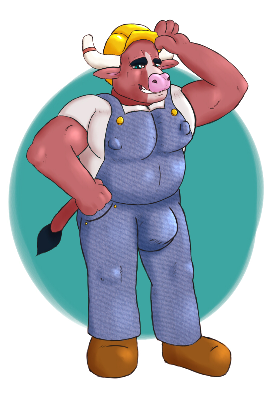 anthro armor big_muscles bovid bovine bulge cattle clothing construction_worker hard_hat headgear helmet hi_res huge_pecs male mammal musclegut muscular nipple_outline olibur overalls pecs solo