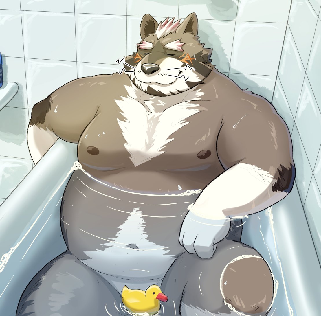 2023 anthro bathing bathtub belly big_belly brown_body brown_fur convenient_censorship eyes_closed freakinglargeoof fur lifewonders live_a_hero male mammal moobs navel nipples overweight overweight_male procyonid raccoon rubber_duck sitting solo viscunam water