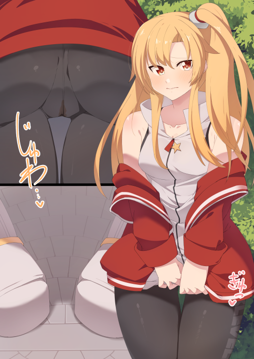 1girl ass azur_lane bangs bare_shoulders black_leggings blonde_hair blush breasts character_name cleveland_(azur_lane) close-up closed_mouth clothes_writing collarbone commentary_request cowboy_shot day embarrassed english_text from_behind hair_tie have_to_pee heart jacket leggings long_hair looking_at_viewer medium_breasts minamimachi_naname multiple_views off_shoulder one_side_up open_clothes open_jacket outdoors own_hands_together raised_eyebrows red_eyes red_jacket shirt shoes sidelocks sleeveless sleeveless_shirt standing star_(symbol) translation_request tree v_arms wet wet_clothes white_footwear white_shirt zipper_pull_tab