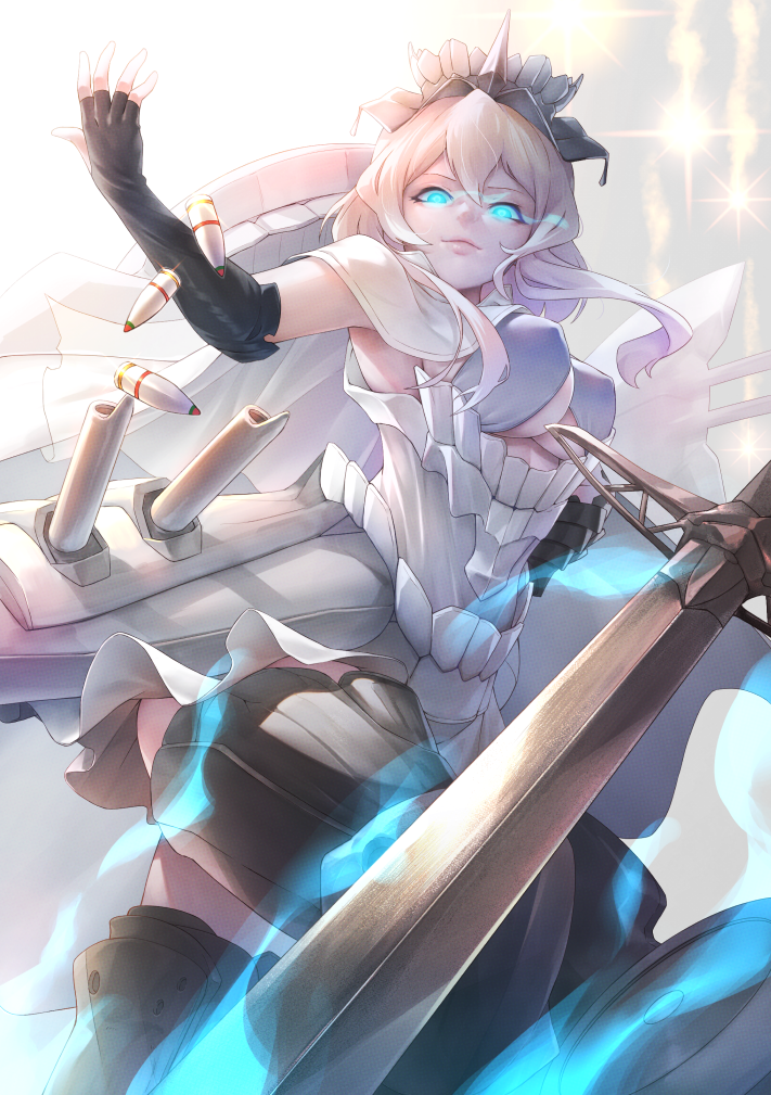 1girl abyssal_ship bangs black_footwear black_gloves boots breasts elbow_gloves european_princess eye_trail fingerless_gloves flare gloves glowing glowing_eyes hair_between_eyes kantai_collection large_breasts light_trail lips looking_at_viewer pale_skin shell_casing short_hair_with_long_locks smoke solo sword thigh_boots tomamatto turret weapon white_hair