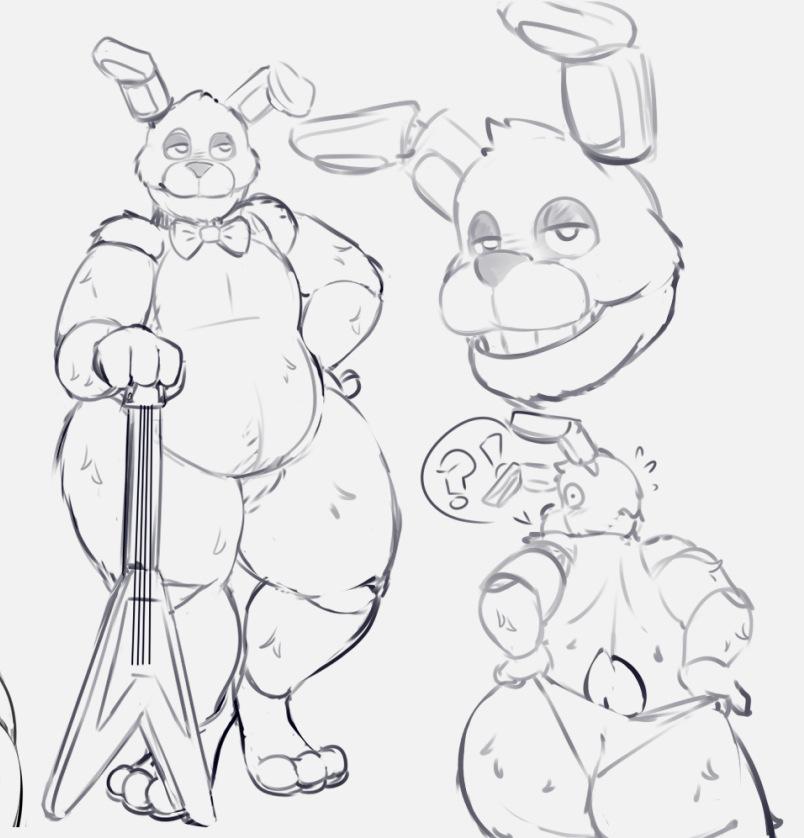 ?! animatronic anthro big_butt blush bonnie_(fnaf) bow_tie butt embarrassed featureless_crotch five_nights_at_freddy's guitar invalid_tag lagomorph leporid machine male mammal multiple_images musical_instrument plucked_string_instrument rabbit robot scottgames sketch solo spicysausages string_instrument thick_thighs wide_hips