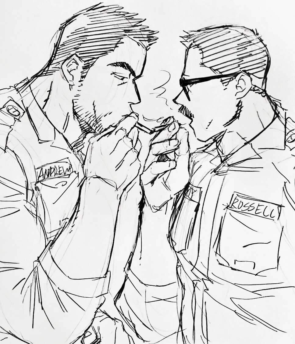 2boys andrew_(dickfish) bara beard billy_russell_(dickfish) character_request cigarette cigarette_kiss dickfish_(fishismdick) facial_hair from_side glasses holding holding_cigarette male_focus mature_male military military_uniform multiple_boys muscular muscular_male mustache original scan short_hair sideburns sketch sleeves_rolled_up smoking stubble thick_eyebrows traditional_media uniform