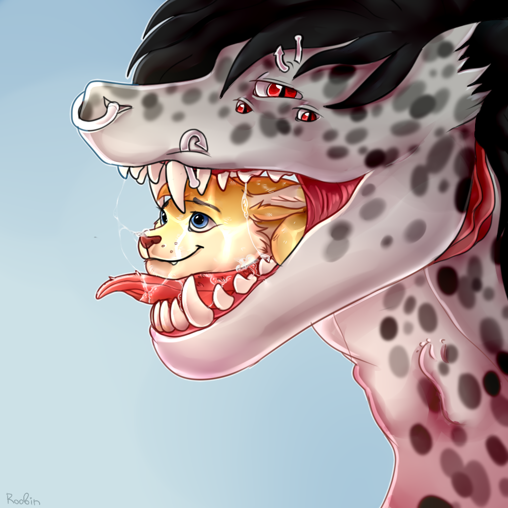 1:1 ambiguous_gender anthro black_hair blue_background blue_eyes cheek_tuft duo facial_piercing facial_spots facial_tuft fangs fish_hook_piercing fur glistening glistening_eyes grey_body hair in_mouth lip_piercing looking_at_viewer narrowed_eyes neck_bulge nose_piercing nose_ring oral_vore orange_body orange_fur piercing pupils red_eyes red_tongue ring_piercing roobin septum_piercing septum_ring simple_background slit_pupils species_request spotted_face spotted_neck tan_body tan_fur teeth tongue tongue_out tuft vore