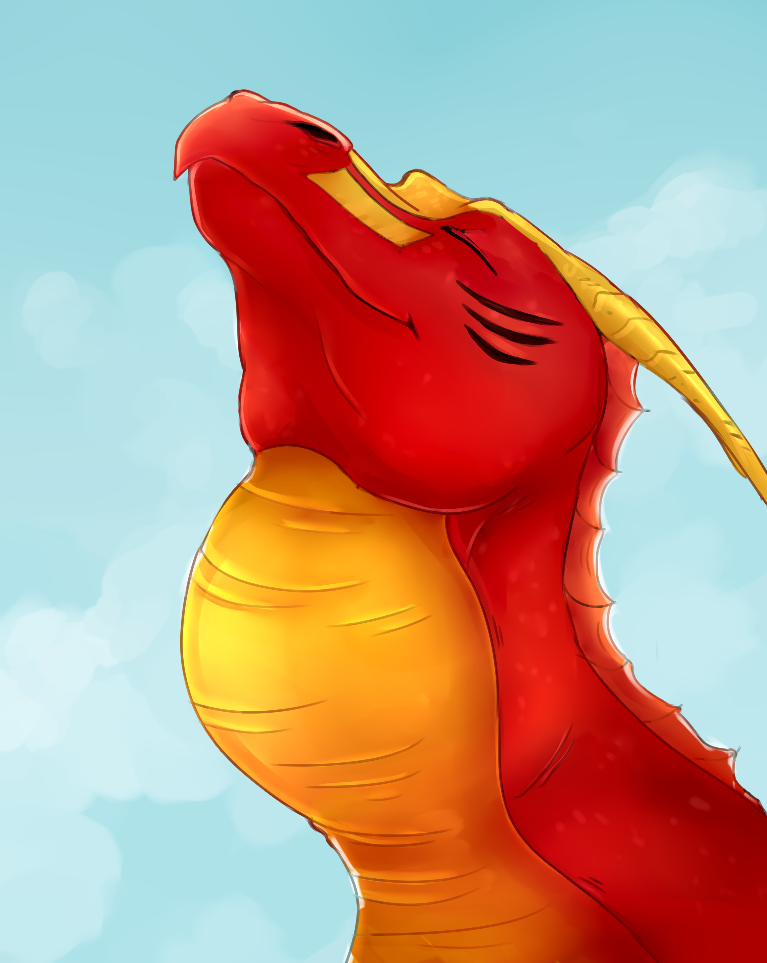 ambiguous_gender closed_smile dragon eyes_closed feral frill_(anatomy) horn mouth_closed neck_bulge neck_frill orange_body red_body red_frill roobin side_view simple_background solo swallowing yellow_body yellow_horn