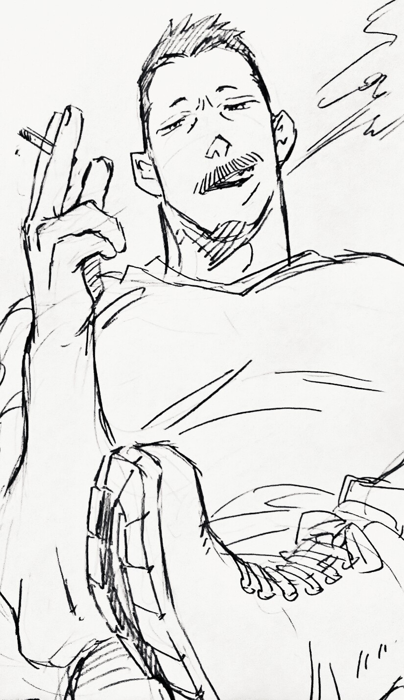 1boy bara billy_russell_(dickfish) cigarette dickfish_(fishismdick) facial_hair glasses highres holding holding_cigarette large_pectorals leg_up looking_at_viewer male_focus mature_male muscular muscular_male mustache no_eyewear original pectorals scan shirt short_hair sideburns sketch smirk smoking solo traditional_media