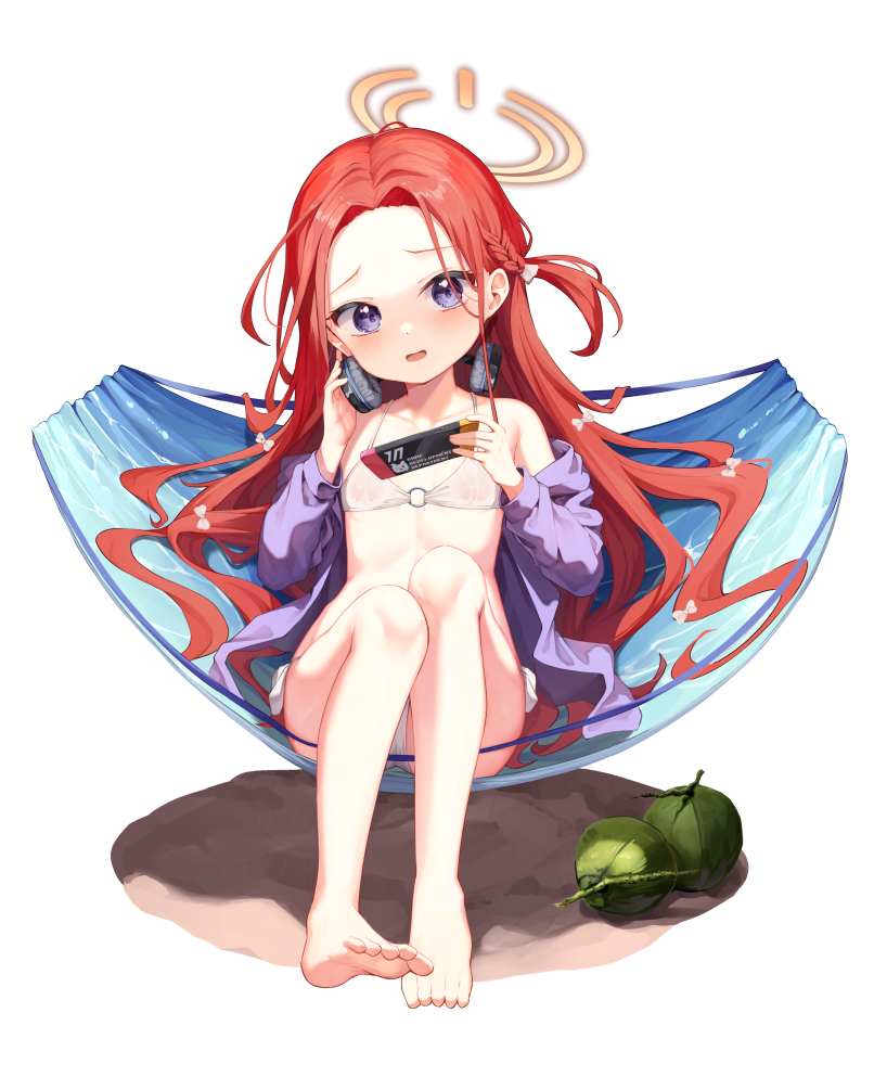 1girl alternate_costume blue_archive blush coconut collarbone commentary commentary_request forehead halo handheld_game_console headphones long_hair mannack navel petite red_hair sitting solo swimsuit white_background yuzu_(blue_archive)