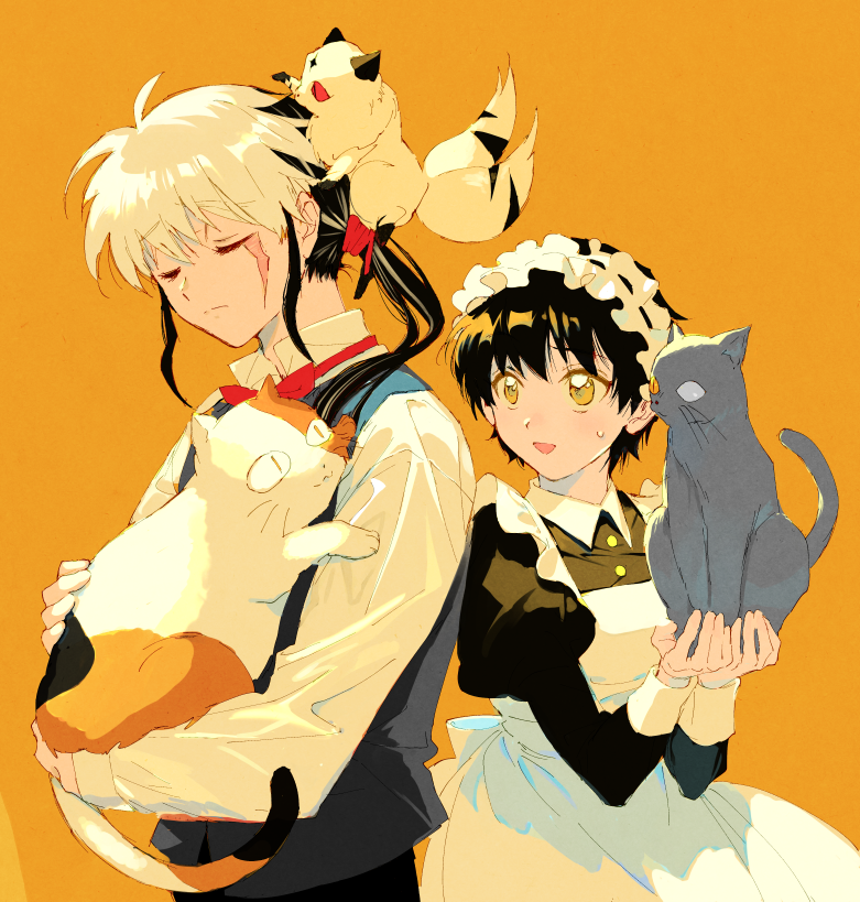 1boy 1girl :3 alternate_costume animal animal_on_head apron bangs black_dress black_hair bow bowtie breasts buyo_(inuyasha) calico cat climbing closed_eyes closed_mouth collared_dress collared_shirt creator_connection crossover dress dress_shirt dyed_bangs enmaided frilled_apron frilled_hairband frills grey_vest haimaru hairband hands_up holding holding_animal in_palm inuyasha kiba_nanoka kirara_(inuyasha) long_hair long_sleeves looking_at_another looking_away looking_to_the_side low_ponytail maid maid_apron maid_headdress mao_(mao) mao_(takahashi_rumiko) multiple_tails on_head one-eyed ponytail red_bow red_bowtie ribbon-trimmed_hairband roku_(tsua-kihuyu) scar scar_on_cheek scar_on_face shirt short_hair sitting smile tail two_tails upper_body vest white_apron white_hair white_shirt wing_collar yellow_background yellow_eyes