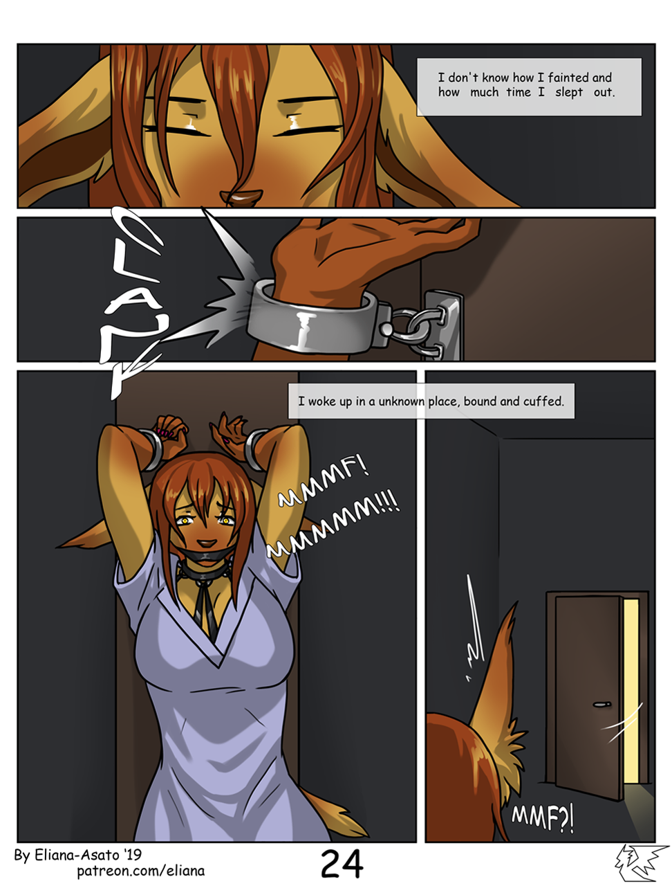 anthro bangs big_breasts big_ears bound breasts clothed clothed_breasts clothing collar comic comic_panel cuff_(restraint) dark_room digital_media_(artwork) door door_opening ears_down eliana-asato eyes_closed face_closeup felid feline female fur gag gagged grey_background hair handcuffed handcuffs hands_above_head harness hi_res jen_(eliana-asato) kidnapping long_hair long_shirt looking_at_viewer lynx mammal metal_cuffs orange_hair pivoted_ears restraints scared short_tail simple_background solo standing tail text waking_up wall_bondage yellow_body yellow_eyes