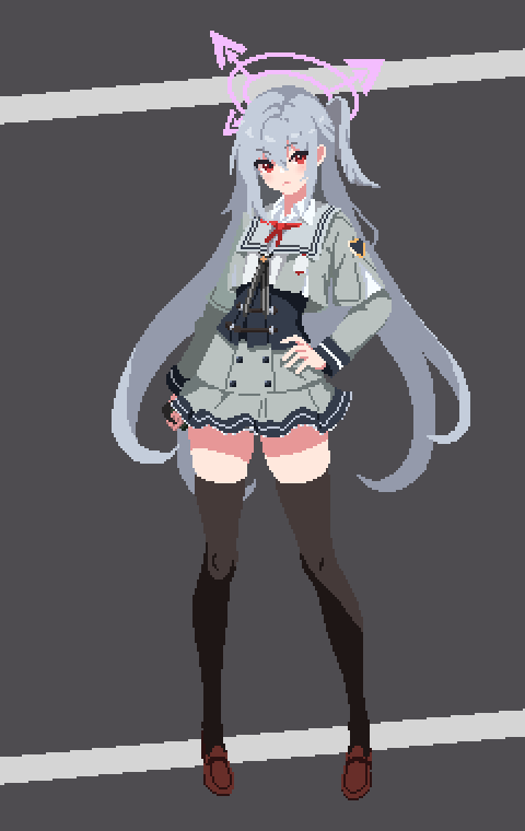 1girl black_corset black_thighhighs blue_archive brown_footwear closed_mouth corset full_body grey_background grey_hair grey_serafuku grey_skirt halo hand_on_hip head_wings kani_(1f980) long_hair long_sleeves looking_at_viewer pixel_art red_eyes school_uniform serafuku simple_background single_head_wing skirt solo suzumi_(blue_archive) thighhighs