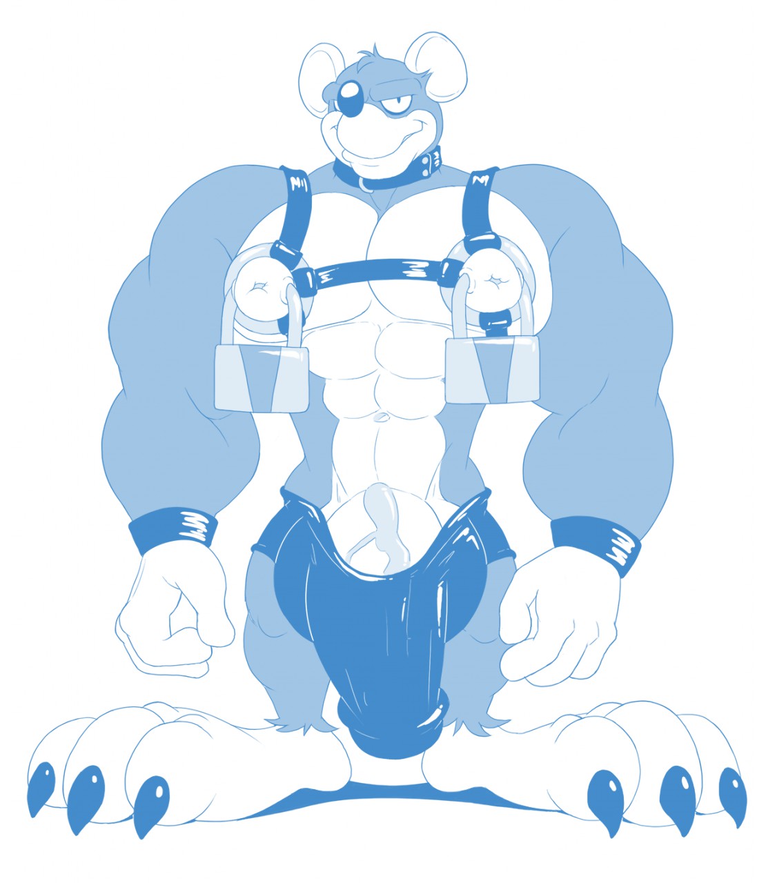 2018 abs anthro anti_dev balls_outline barely_contained barely_contained_penis big_biceps big_feet big_nipples big_pecs big_penis blue_and_white bulge claws clothing collar detailed_bulge feet genital_outline genitals harness hi_res huge_feet huge_nipples huge_penis hyper hyper_genitalia hyper_penis jim_rat lock looking_at_viewer male mammal monochrome murid murine muscular muscular_anthro muscular_male naughty_face naughty_smile navel nipple_piercing nipples padlock padlock_piercing pecs penis penis_base penis_outline piercing rat rodent simple_background solo standing thong toe_claws underwear vein veiny_penis white_background wristband