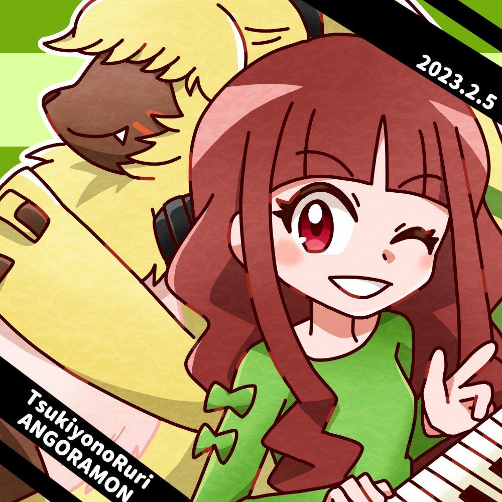 angoramon angoramon_(ghost_game) anthro bandai_namco brown_hair digimon digimon_(species) digimon_ghost_game duo female fur hair hair_over_eyes hinako_710 human keyboard_instrument lagomorph leporid long_ears long_hair male mammal musical_instrument one_eye_closed piano playing_music playing_piano rabbit ruri_tsukiyono wink yellow_body yellow_fur