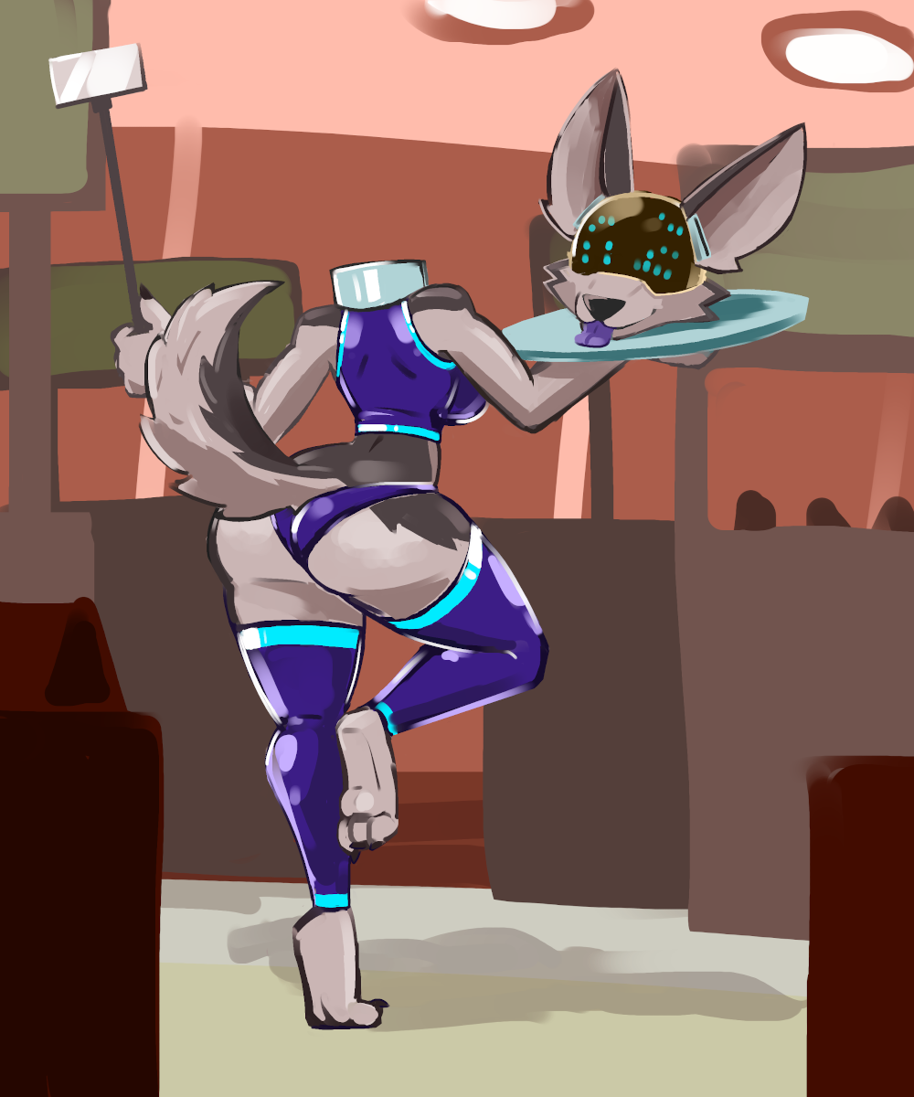 anthro aygee barefoot big_butt blue_clothing brown_body brown_fur butt c-nine_(aygee) canid canine canis clothing collar convention cybernetics cyborg detachable detachable_head domestic_dog feet female fur headless hi_res holding_object holding_sign husky legwear looking_at_viewer machine mammal metal_collar modular multicolored_body multicolored_fur nordic_sled_dog one_eye_closed panties raised_leg rear_view robot serving_tray sign solo spitz teasing_viewer thigh_highs tongue tongue_out two_tone_body two_tone_fur underwear visor wink winking_at_viewer