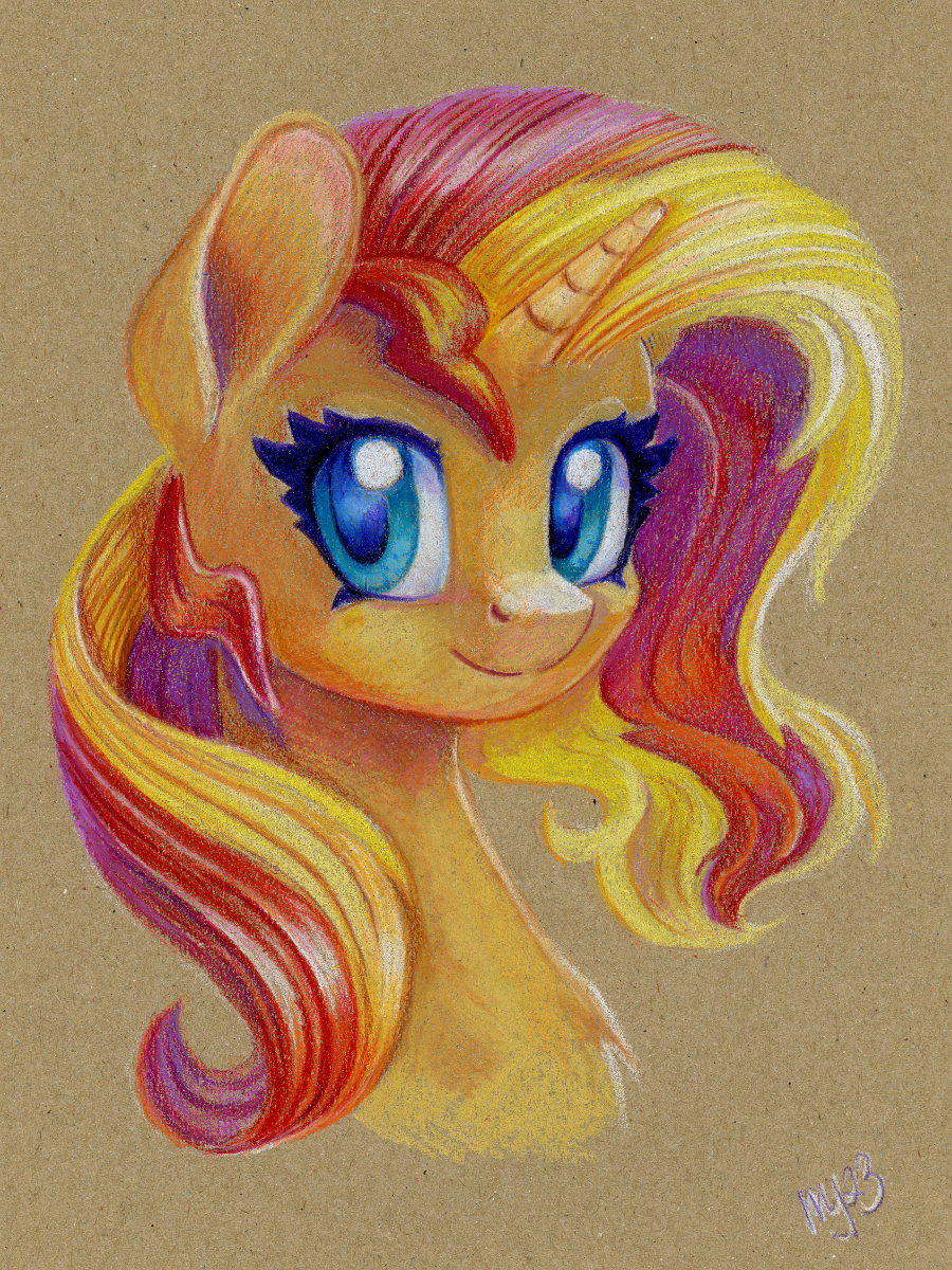 2023 3:4 blonde_hair bust_portrait colored_pencil_(artwork) equestria_girls equid equine eyelashes female feral fur hair hasbro hi_res horn looking_at_viewer mammal maytee multicolored_hair my_little_pony portrait red_hair signature simple_background solo sunset_shimmer_(eg) tan_background teal_eyes three-quarter_view traditional_media_(artwork) two_tone_hair unicorn yellow_body yellow_fur