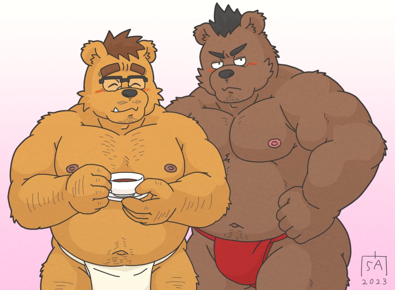 2023 anthro asian_clothing bear belly black_nose brown_body clothing container cup cute_fangs duo east_asian_clothing eyes_closed eyewear fundoshi glasses goyemon_k humanoid_hands japanese_clothing kemono male male/male mammal moobs navel nipples overweight overweight_male red_clothing red_fundoshi red_underwear underwear white_clothing white_fundoshi white_underwear