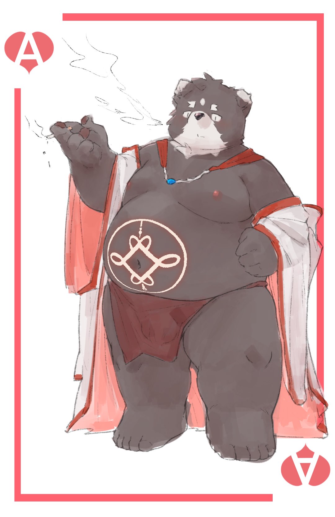 anthro bear belly bottomwear brown_body brown_fur cigarette clasp clothing fur hi_res loincloth male mammal moobs nipples overweight robe smoking solo yimingsama