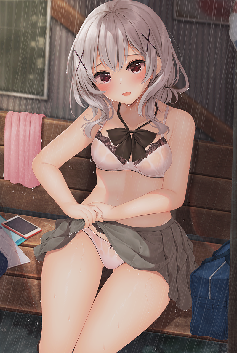 1girl bangs bare_shoulders black_bow blue_bag blush bow bow_panties bowtie bra bra_visible_through_clothes breasts building cellphone collarbone cowboy_shot cross_hair_ornament embarrassed furrowed_brow grey_hair grey_skirt hair_ornament long_sleeves looking_at_viewer medium_breasts medium_hair minato_ojitan no_shirt notebook on_bench open_mouth original outdoors panties phone pink_eyes pink_towel pleated_skirt rain school_uniform see-through shirt sidelocks sitting skirt smartphone solo underwear water_drop wet wet_clothes wet_face white_bra white_panties window worried wringing_clothes wringing_skirt