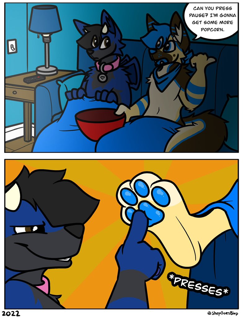 2_panel_comic anthro back_wings bandanna bandanna_on_neck black_body black_fur blue_body blue_fur blue_hair blue_markings blue_pawpads bowl brown_body brown_fur canid canine canis cheek_tuft collar collar_only container curved_horn demon dialogue domestic_dog duo english_text facial_tuft fur furniture german_shepherd hair half-closed_eyes herding_dog horn humor kerchief male mammal markings membrane_(anatomy) membranous_wings narrowed_eyes nude on_sofa open_mouth orange_background pastoral_dog pawpads paws shep_(shepgoesblep) shepgoesblep simple_background sitting sitting_on_sofa smile smirk smug smug_face smug_grin sofa sound_effects speech_bubble tan_body tan_fur text tuft under_blanket wide_eyed wings yellow_body yellow_fur