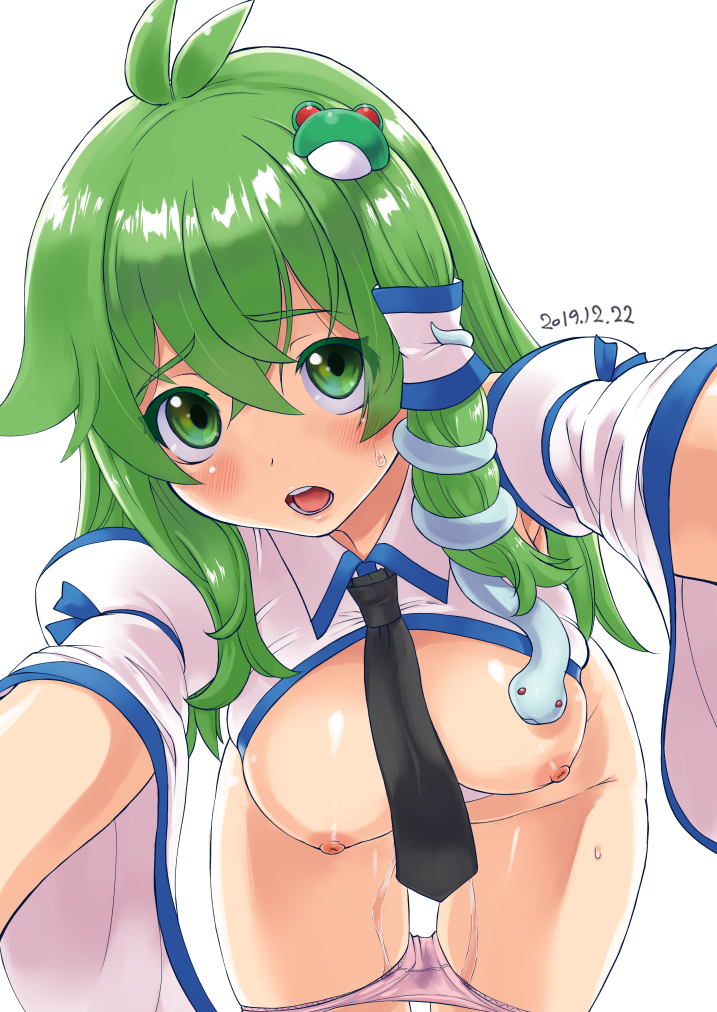 1girl antenna_hair bangs black_necktie blush bottomless breasts collared_shirt commentary_request convenient_censoring cowboy_shot crossed_bangs dated detached_sleeves frog_hair_ornament green_eyes green_hair hair_between_eyes hair_ornament kei_jiei kochiya_sanae large_breasts leaning_forward long_hair looking_at_viewer necktie nipples open_mouth panties panty_pull pink_panties pussy_juice shiny_skin shirt simple_background single_hair_tube sleeveless sleeveless_shirt snake_hair_ornament solo touhou underwear white_background white_shirt white_sleeves wide_sleeves