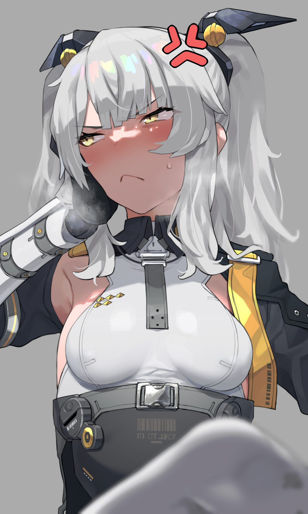 1girl :&lt; anger_vein bangs black_gloves blush breasts collagen gloves grey_background grey_hair hair_ornament highres karenina_(punishing:_gray_raven) punishing:_gray_raven simple_background small_breasts socks solo sweat twintails white_socks yellow_eyes