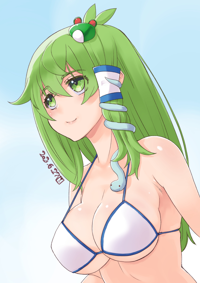 1girl alternate_costume anteater_ears bangs blue_background blush breasts cleavage closed_mouth commentary_request crossed_bangs dated frog_hair_ornament gradient_background green_eyes green_hair hair_between_eyes hair_ornament kei_jiei kochiya_sanae large_breasts long_hair looking_afar shiny_skin sidelocks single_hair_tube smile snake_hair_ornament solo touhou upper_body white_background