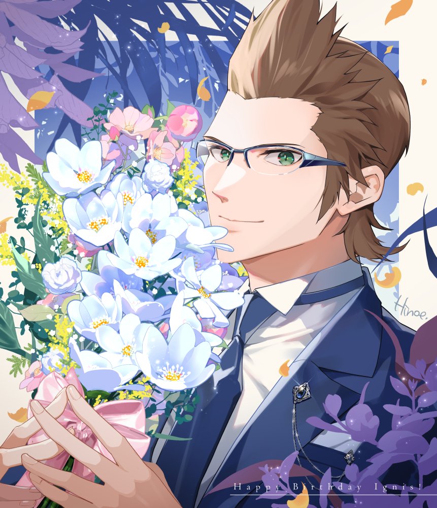 1boy artist_name blue_jacket blue_necktie bouquet brown_hair character_name collared_shirt falling_petals final_fantasy final_fantasy_xv formal glasses green_eyes hair_slicked_back happy_birthday hinoe_(dd_works) holding holding_bouquet ignis_scientia jacket looking_at_viewer male_focus necktie petals shirt short_hair sideburns smile solo suit_jacket upper_body white_shirt