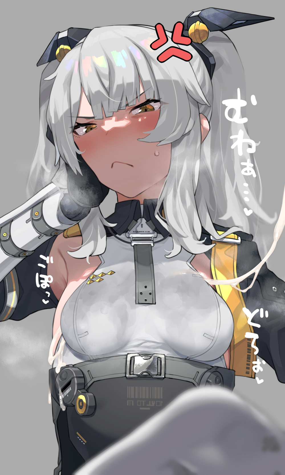 1girl :&lt; anger_vein bangs black_gloves blush breasts brown_eyes collagen cum cum_string gloves grey_background grey_hair hair_ornament highres karenina_(punishing:_gray_raven) looking_at_viewer punishing:_gray_raven simple_background small_breasts socks solo sweat twintails white_socks