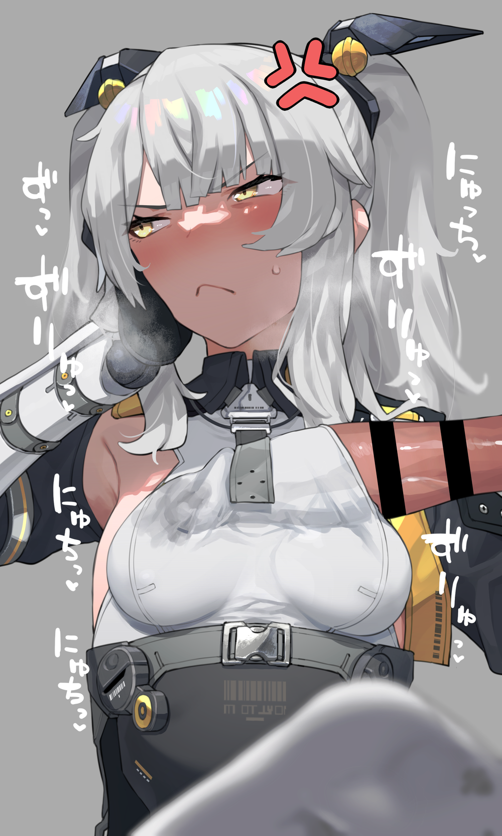 1girl :&lt; anger_vein bangs bar_censor black_gloves blush breasts censored collagen erection gloves grey_background grey_hair hair_ornament highres karenina_(punishing:_gray_raven) looking_away penis penis_under_another's_clothes punishing:_gray_raven simple_background small_breasts socks sweat twintails white_socks yellow_eyes