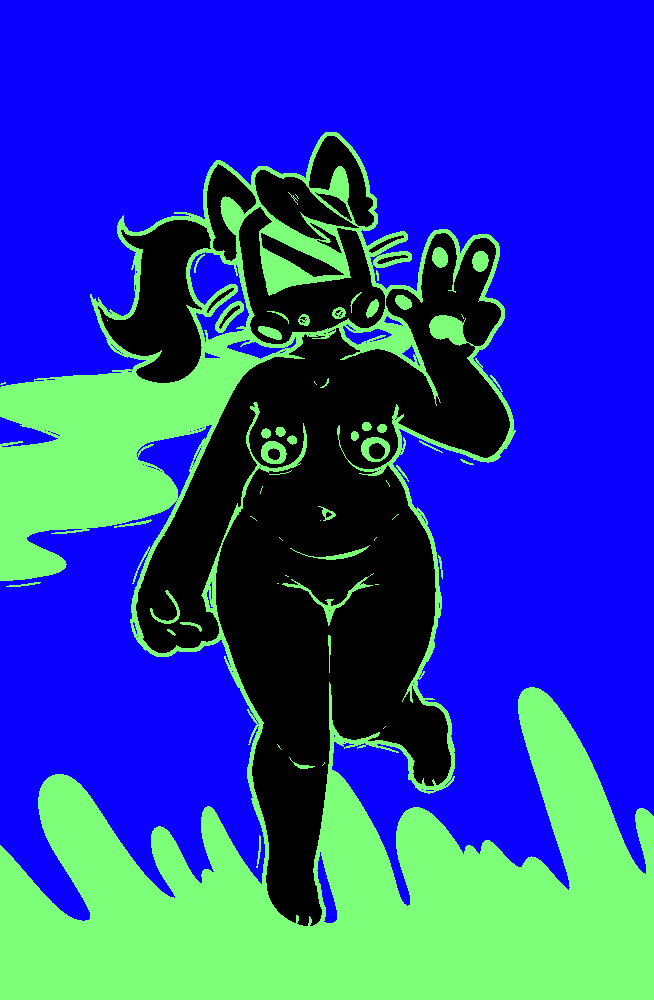 anthro belly black_body felid feline female floating gas gas_mask gesture hair mammal markings mask mevka_(artist) nude ponytail slightly_chubby solo toxic v_sign whiskers