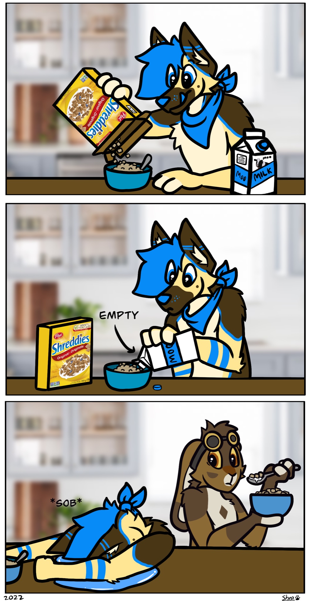 3_panel_comic anthro bandanna bandanna_on_neck blue_hair blue_tongue bodily_fluids border bowl brown_body brown_fur canid canine canis cereal cereal_box container crying domestic_dog duo eyewear eyewear_on_head floppy_ears food fur german_shepherd goggles goggles_on_head hair herding_dog hi_res humor kerchief lagomorph leporid licking licking_lips male mammal milk pastoral_dog rabbit savaj shep_(shepgoesblep) shepgoesblep tan_body tan_fur tears tongue tongue_out white_border wide_eyed yellow_body yellow_fur