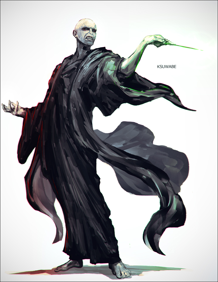 1boy angry bald bangs barefoot black_cloak cloak colored_skin full_body grey_background grey_skin harry_potter_(series) holding holding_wand k-suwabe long_sleeves male_focus simple_background solo standing teeth voldemort wand