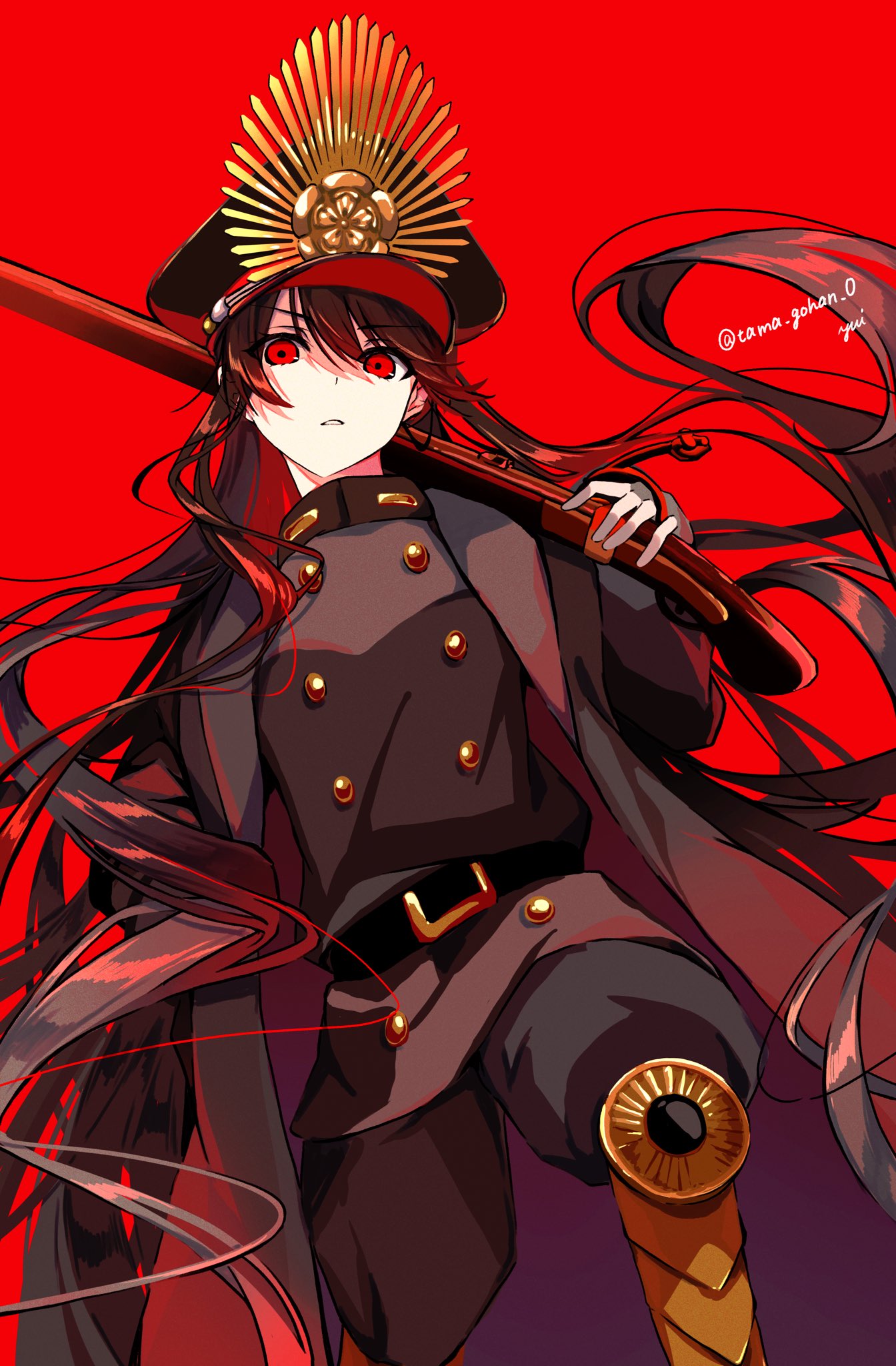 1girl antique_firearm arquebus belt black_hair black_headwear buttons cape double-breasted dutch_angle fate/grand_order fate_(series) from_below gloves gun hat hi_(wshw5728) highres holding holding_weapon long_hair looking_at_viewer military military_uniform oda_nobunaga_(fate) oda_uri parted_lips peaked_cap red_background red_eyes solo twintails uniform very_long_hair weapon white_gloves