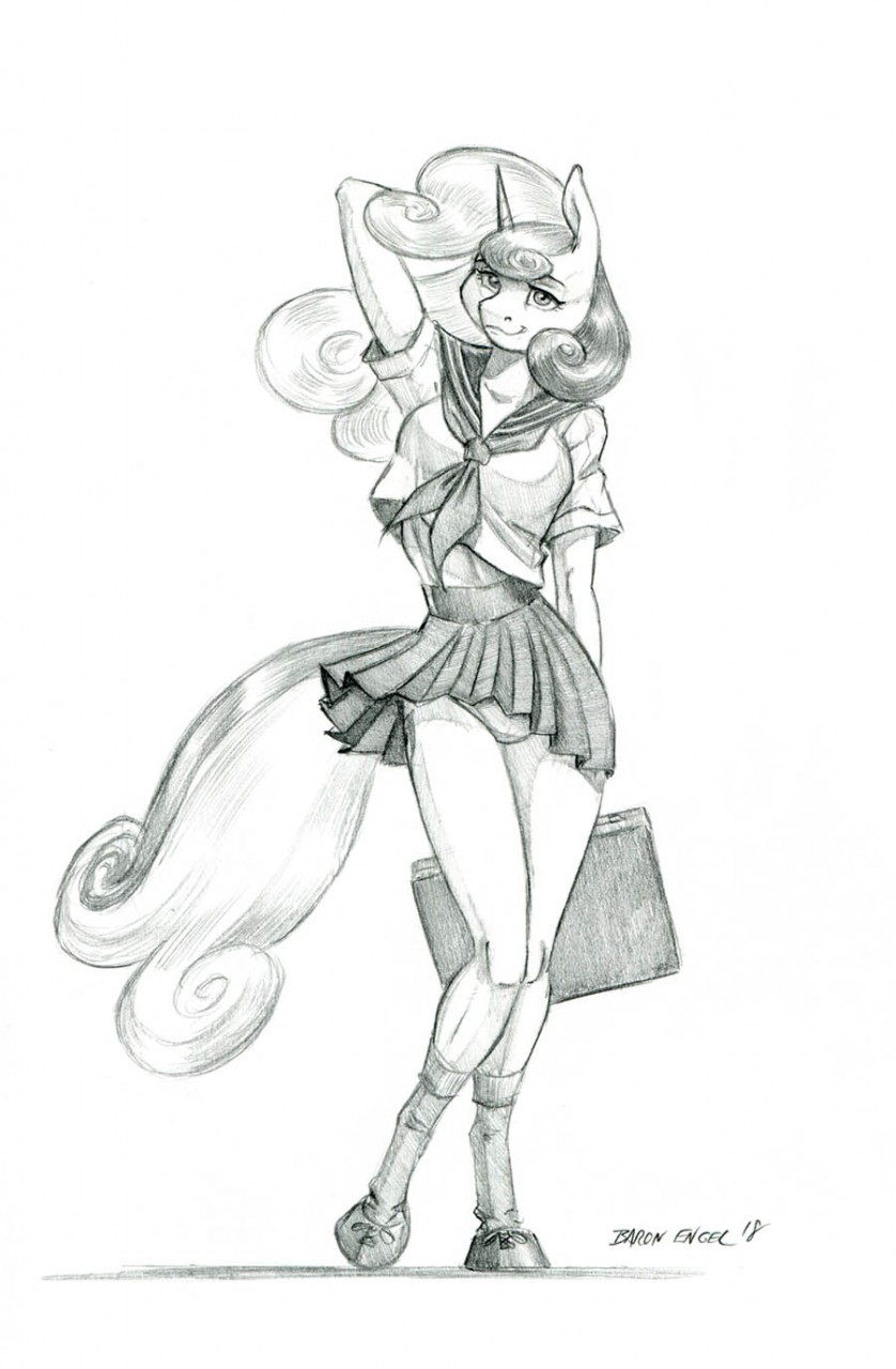 2018 anthro baron_engel bottomwear briefcase clothing equid equine female footwear friendship_is_magic hair half-closed_eyes hand_behind_head hasbro hi_res holding_briefcase holding_object hooves horn legwear looking_at_viewer mammal mane mouth_closed my_little_pony narrowed_eyes panties pose school_uniform shirt signature skirt smile smiling_at_viewer solo standing stockings story story_at_source story_in_description sweetie_belle_(mlp) topwear underwear unicorn unicorn_horn uniform