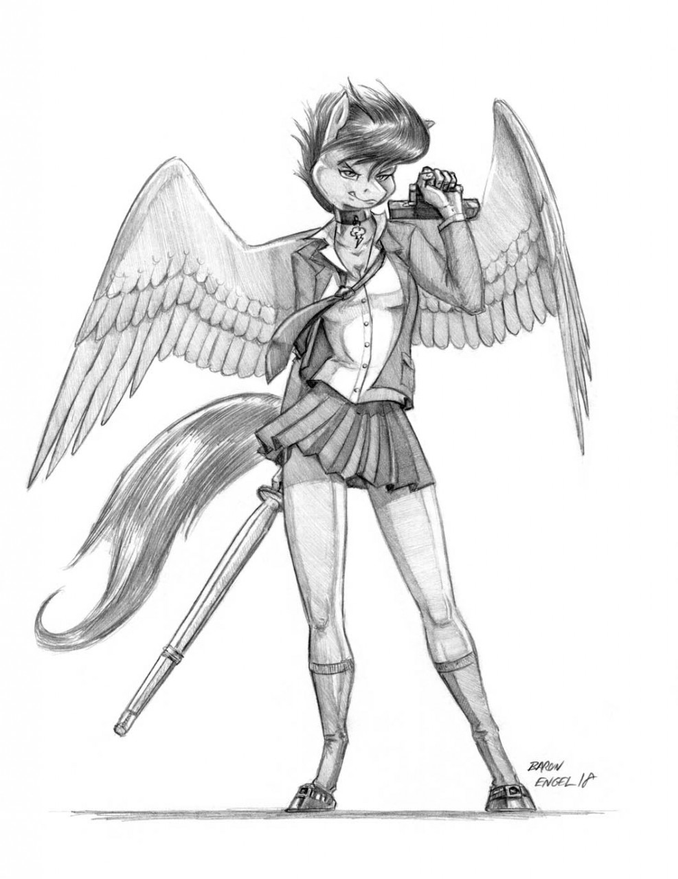 2018 anthro baron_engel bottomwear briefcase clothed clothing dress_shirt equid equine feathers female footwear friendship_is_magic hair hasbro hi_res holding_briefcase holding_object hooves jacket jewelry legwear looking_at_viewer mammal mane my_little_pony necklace necktie pegasus pose practice_sword school_uniform scootaloo_(mlp) shirt signature skirt solo standing stockings topwear uniform wings wooden_sword