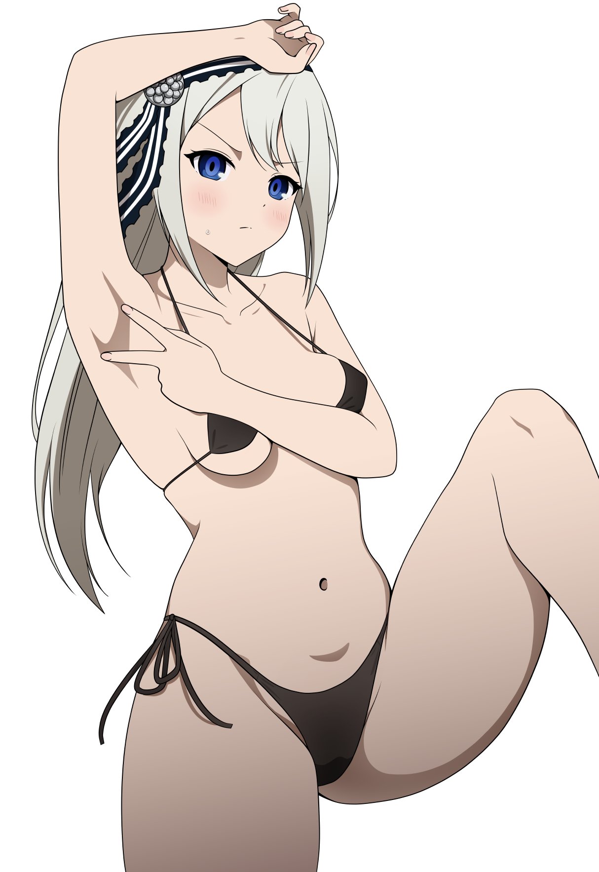 1girl angry arm_over_head armpits bare_arms bare_legs bare_shoulders bikini black_bikini blue_eyes blush breasts collarbone coro_fae dot_nose groin hair_down hair_ornament highres kaguya-sama_wa_kokurasetai_~tensai-tachi_no_renai_zunousen~ leg_up long_hair midriff navel paid_reward_available presenting_armpit shirogane_kei side-tie_bikini_bottom simple_background small_breasts solo spread_armpit stomach sweat sweatdrop swimsuit thighs white_background white_hair