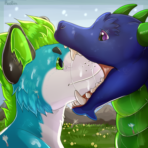 1:1 anthro blue_body blue_fur bodily_fluids canid cheek_tuft dragon duo facial_tuft fangs feral fur glistening glistening_eyes green_body green_eyes green_hair green_inner_ear green_scales green_sclera hair long_neck low_res male mammal mouth_closed nom purple_eyes roobin saliva saliva_string scales scalie side_view signature teeth tuft white_body white_fur
