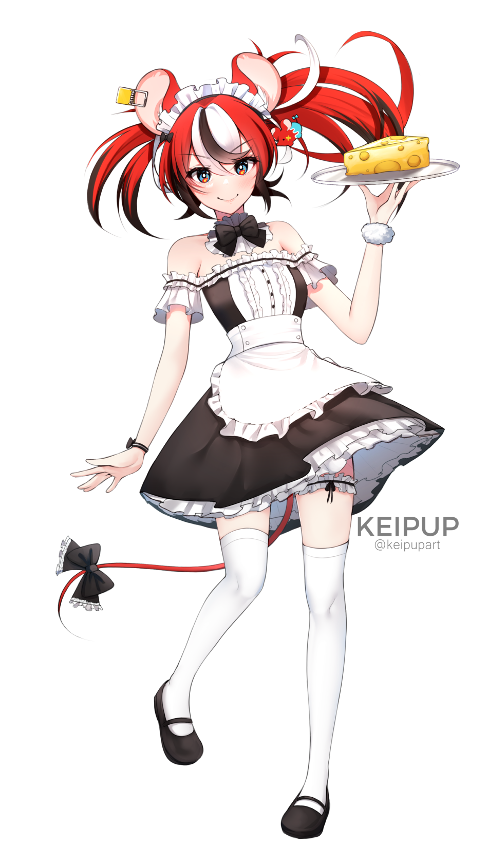 1girl alternate_costume animal_ears antique_firearm arquebus artist_name bare_shoulders black_hair blue_eyes blush bow cheese detached_collar english_commentary enmaided food full_body gun hakos_baelz highres hololive hololive_english keipup looking_at_viewer maid mary_janes mouse_ears mouse_tail multicolored_hair red_hair shoes simple_background smile solo strapless streaked_hair tail tail_ornament thighhighs tray twintails twitter_username virtual_youtuber weapon white_hair white_thighhighs