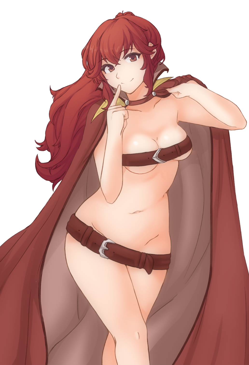 1girl anna_(fire_emblem) belt beltbra beltskirt cloak finger_to_mouth fire_emblem fire_emblem_awakening highres leaning_forward long_hair looking_at_viewer naked_cloak ponytail red_cloak red_eyes red_hair revealing_clothes simple_background smile solo standing tridisart white_background