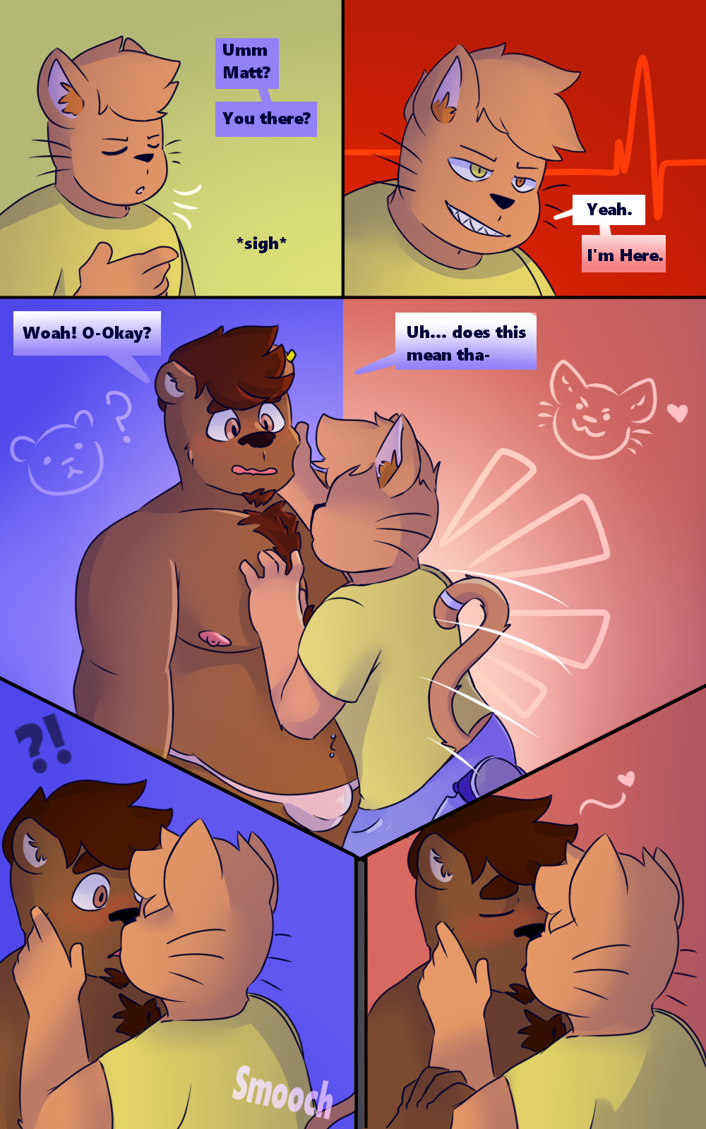 anthro bear blush brown_body brown_fur clothed clothing comic dialogue digital_media_(artwork) domestic_cat duo english_text facial_hair felid feline felis fur hair heterochromia hi_res kiss_on_lips kissing klenn_(sleepywozzy) male male/male mammal matt_(sleepywozzy) mature_anthro mature_male nipples open_mouth overweight overweight_male piercing shaded simple_background simple_shading sleepywozzy smile speech_bubble text topwear