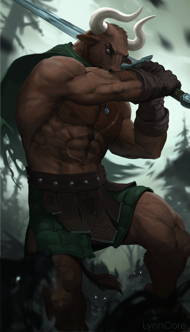 action_pose anthro big_muscles bottomwear bovid bovine brown_body brown_fur cape clothed clothing european_mythology fur gloves greek_mythology handwear hi_res holding_object holding_sword holding_weapon horn lynncore male mammal melee_weapon minotaur muscular muscular_anthro muscular_male mythology nacklace partially_clothed pose scar shirtless solo sword tail tail_tuft tuft warriors weapon