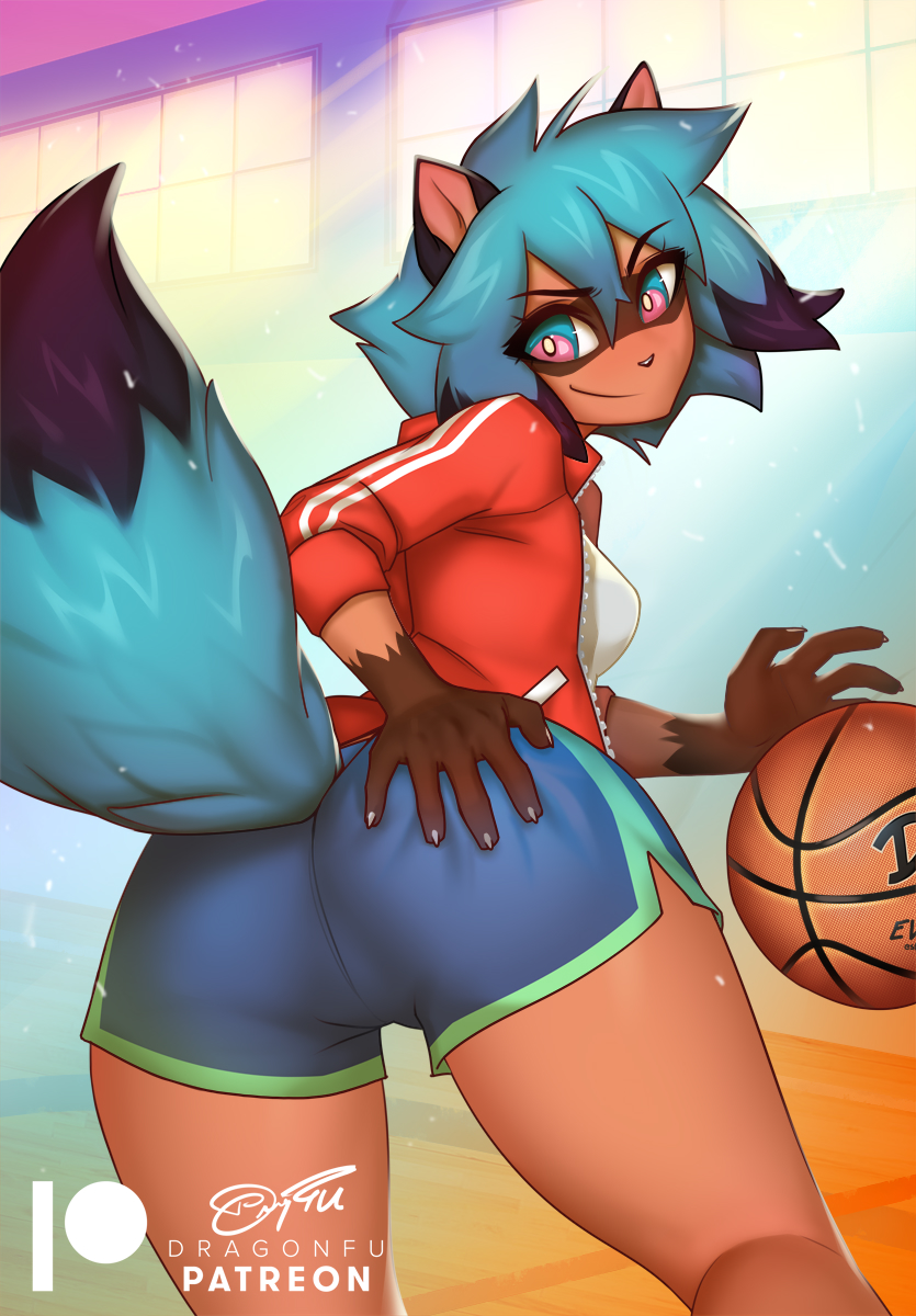 anthro ball basketball_(ball) blue_body blue_fur blue_hair bottomwear brand_new_animal breasts brown_body brown_fur butt canid canine clothed clothing dipstick_tail dragonfu female fully_clothed fur gym_bottomwear gym_clothing gym_shorts hair hand_on_butt hi_res jacket looking_back mammal markings michiru_kagemori raccoon_dog shirt shorts smile solo studio_trigger tail tail_markings tanuki topwear