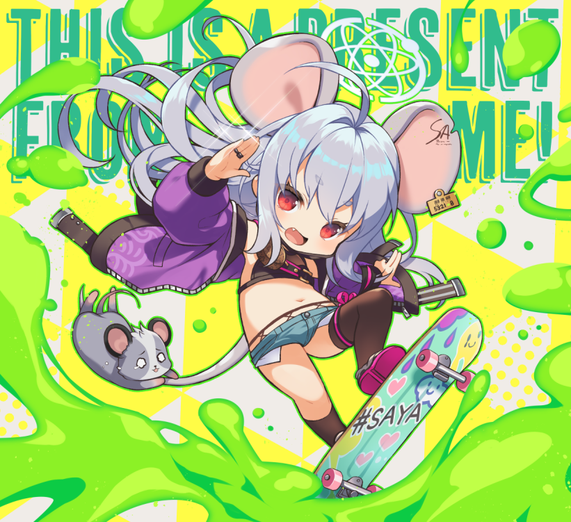 1girl ahoge animal_ears asymmetrical_legwear bangs blue_archive character_name chibi crop_top denim denim_shorts fang full_body honda_tamanosuke jacket kneehighs long_hair long_sleeves looking_at_viewer mouse mouse_ears mouse_girl mouse_tail open_clothes open_jacket open_mouth purple_jacket red_eyes saya_(blue_archive) short_shorts shorts single_kneehigh single_sock single_thighhigh skateboard skateboarding socks solo tail thighhighs uneven_legwear