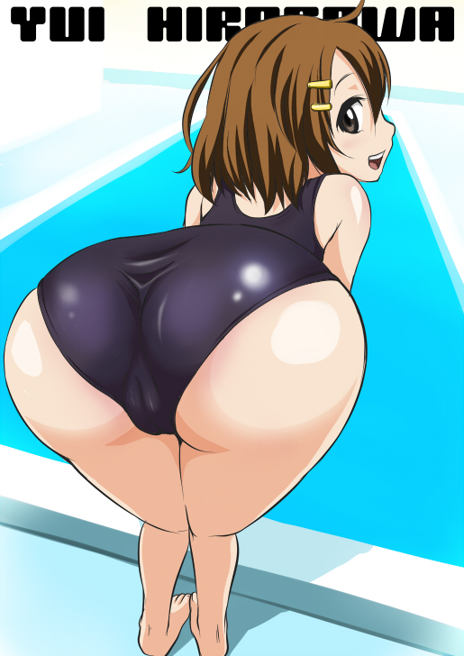 ass barefoot bent_over brown_hair cameltoe foreshortening hirasawa_yui k-on! looking_back one-piece_swimsuit smile solo swimsuit taku-tama