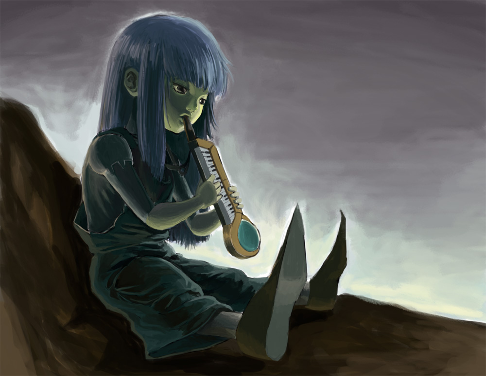 cloud cloudy_sky dress ergo_proxy expressionless instrument keyboard_(instrument) lekker long_hair long_sleeves melodica music overalls pino_(ergo_proxy) playing_instrument rock shoes silver_hair sky solo