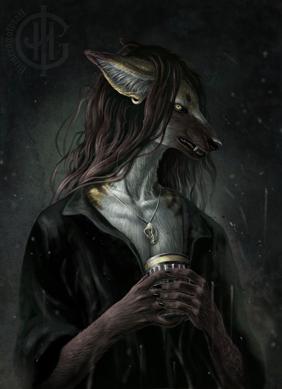 anthro artist_logo artist_name beverage black_clothing black_topwear brown_body brown_fur brown_hair canid clothed clothing detailed ear_piercing ear_ring fangs fur glistening glistening_eyes hair half-length_portrait hi_res himeragoldtail holding_beverage holding_object jewelry logo long_hair looking_at_viewer male mammal necklace open_clothing open_topwear piercing portrait ring_piercing simple_background skull_necklace solo teeth topwear whiskers white_body white_fur yellow_body yellow_eyes yellow_fur